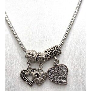 Silver Tone Heart Charm Necklace With LOVE Bead & Intricate Details For Women/Gi